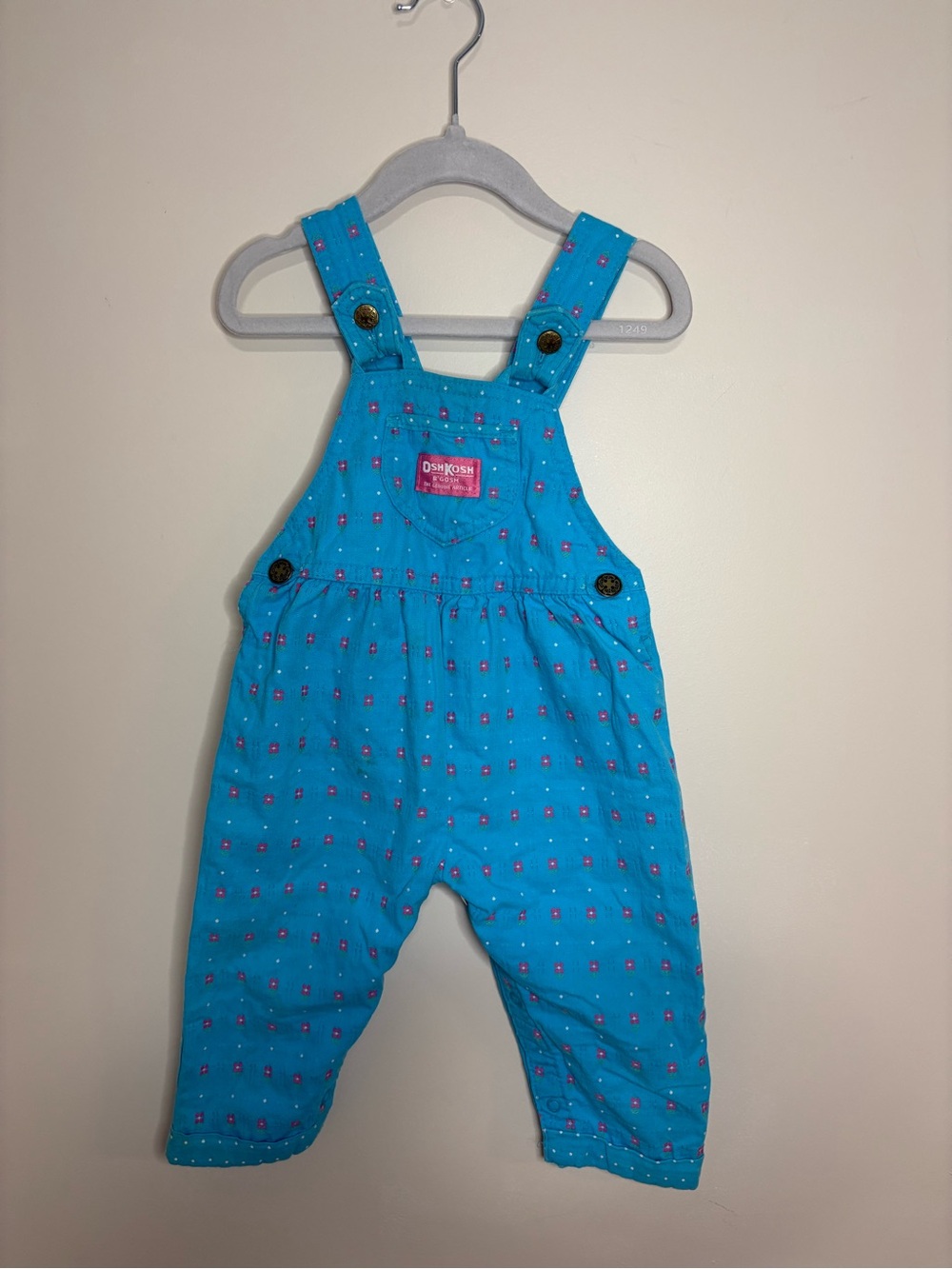 Vtg OshKosh B’Gosh Pink Tag Bubble Overalls Blue Pink Flowers USA Union Made